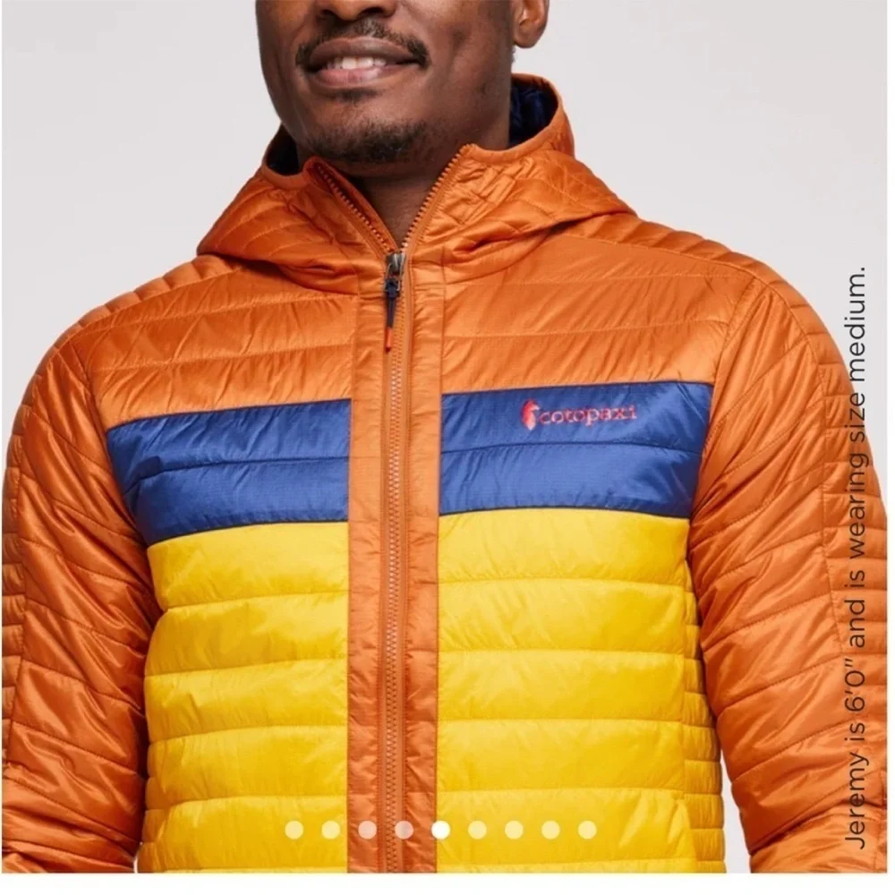 Cotopaxi Men's XL Capa Insulated Hooded Jacket Yellow Orange Mezcal NWT Puff